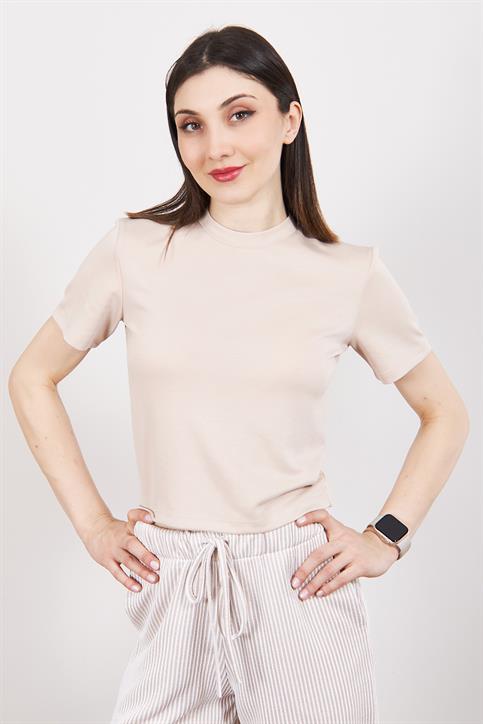 Bej Kısakollu Crop T Shirt