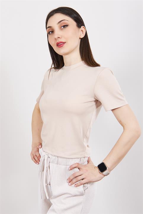 Bej Kısakollu Crop T Shirt