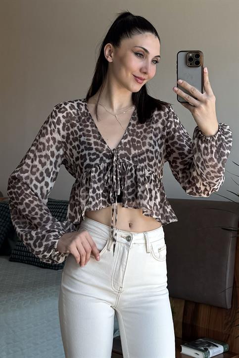 Bej Leopar Desenli Bluz