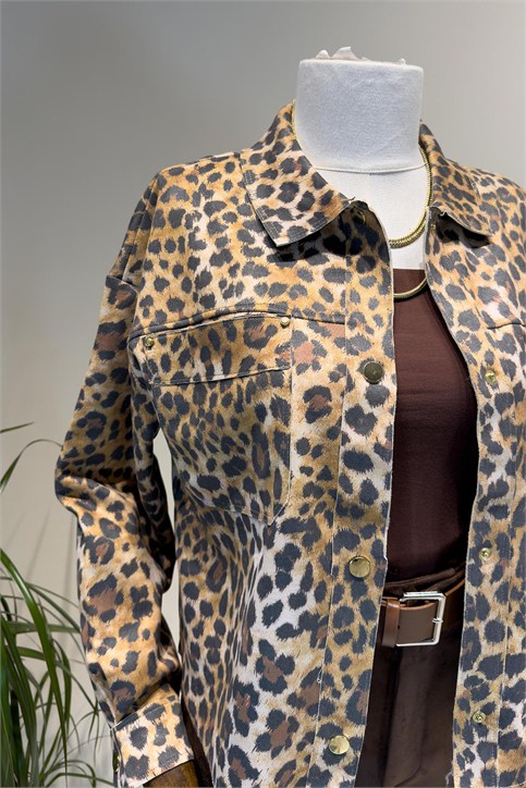 Bej Leopar Desenli Gömlek