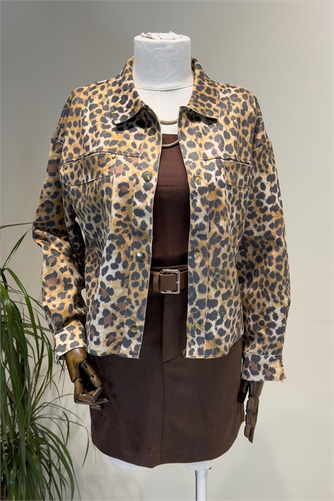 Bej Leopar Desenli Gömlek
