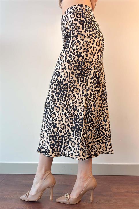 Bej Leopar Desenli Saten Verev Etek
