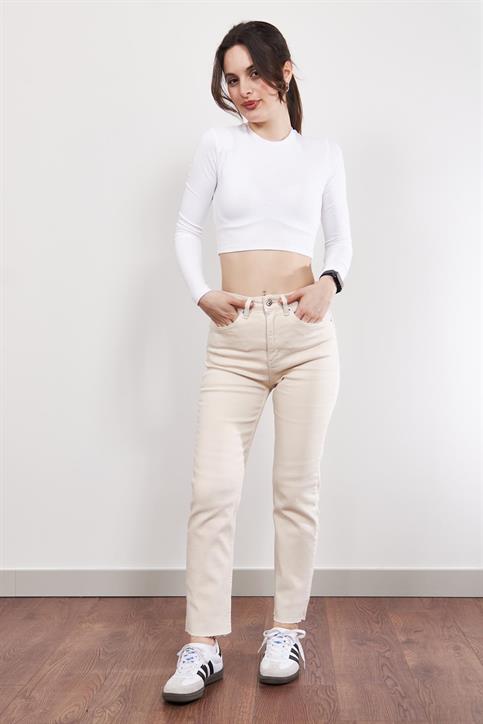 Bej Paça Kesik Boyfit Jean