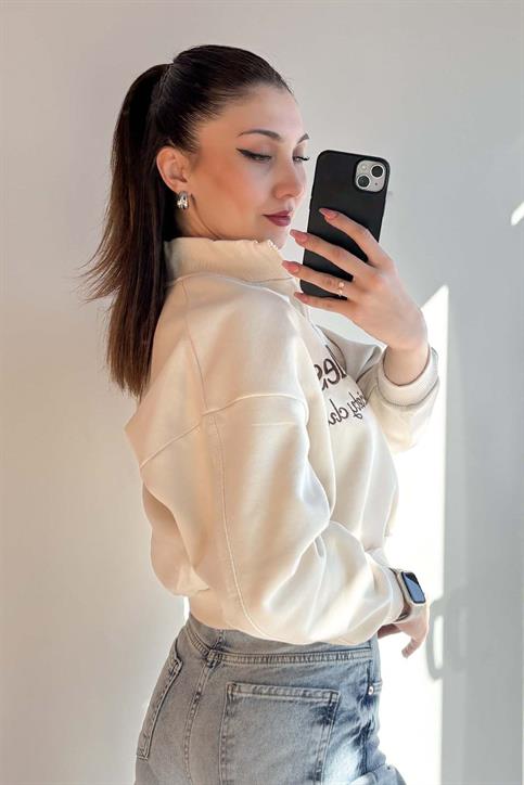 Bej Versailles Yarım Fermuarlı Crop Sweatshirt