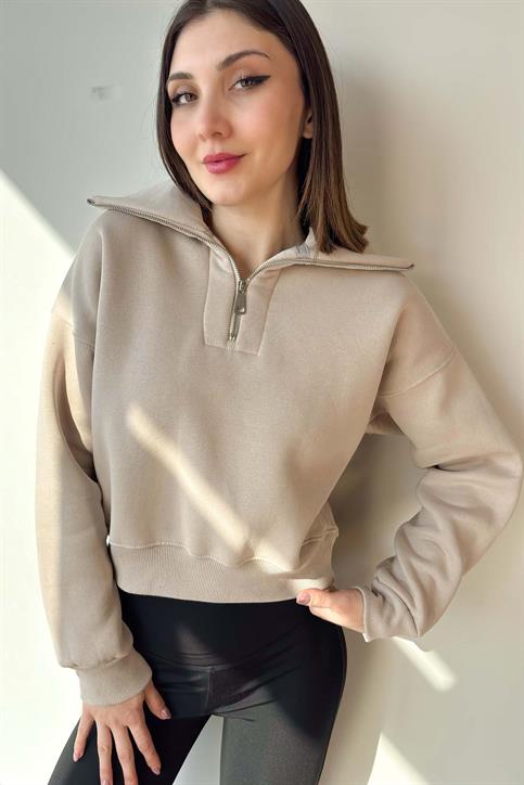 Bej Yaka Detaylı Crop Sweatshirt