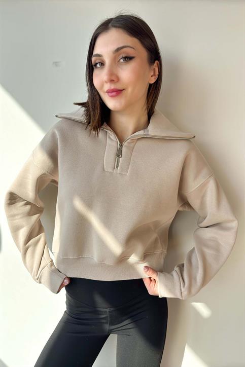 Bej Yaka Detaylı Crop Sweatshirt