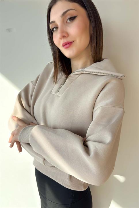 Bej Yaka Detaylı Crop Sweatshirt
