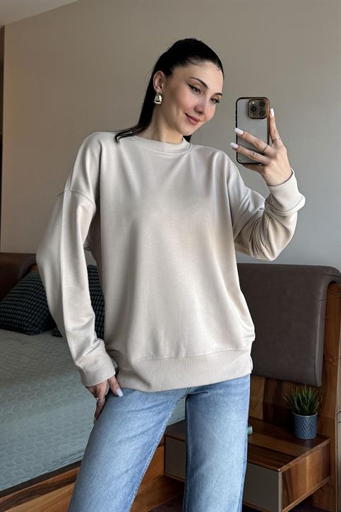 Bej Yakası ve Kolları Ribanalı Basic Sweatshirt