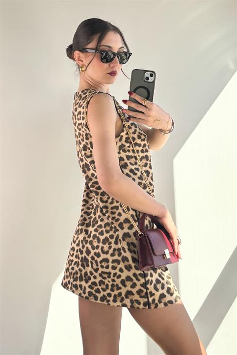 Bej Yanı Biyeli Leopar Elbise