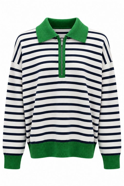 Benetton Yeşi Aura Çok Renkli Fermuarlı Triko Sweatshirt