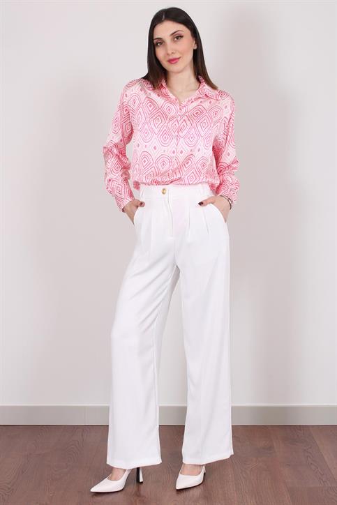 Beyaz Beli Lastikli Gold Düğmeli Geniş Paça Pantolon