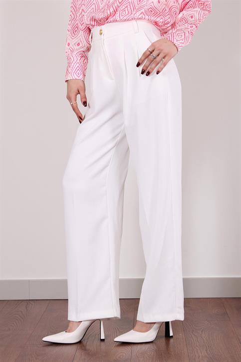 Beyaz Beli Lastikli Gold Düğmeli Geniş Paça Pantolon