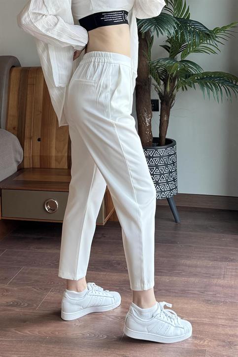 Beyaz Beli Lastikli Havuç Pantolon