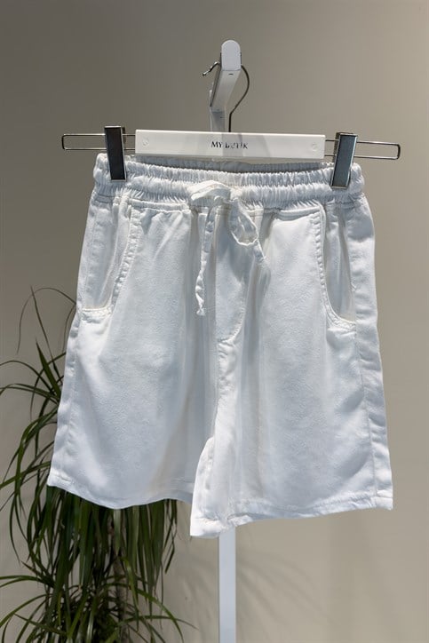 Beyaz Beli Lastikli Tencel Şort