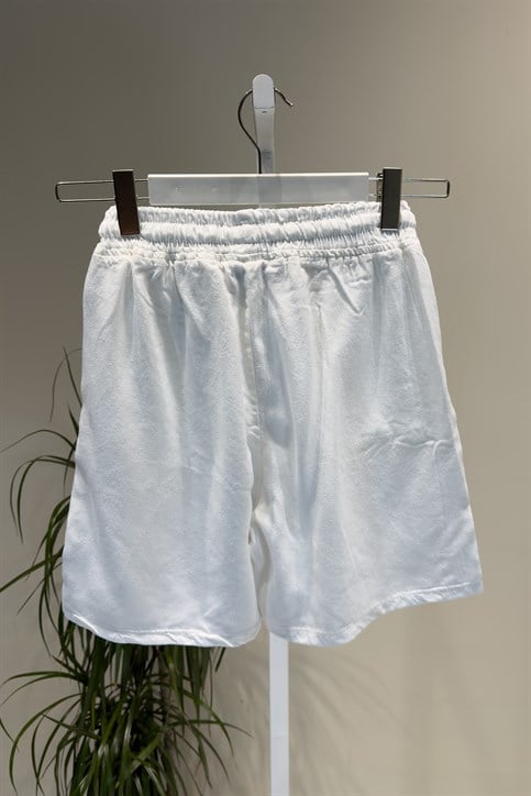 Beyaz Beli Lastikli Tencel Şort