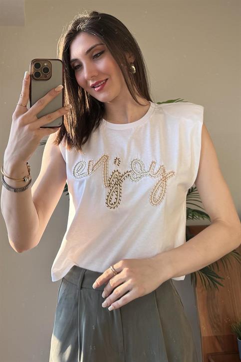 Beyaz Enjoy Nakışlı T Shirt
