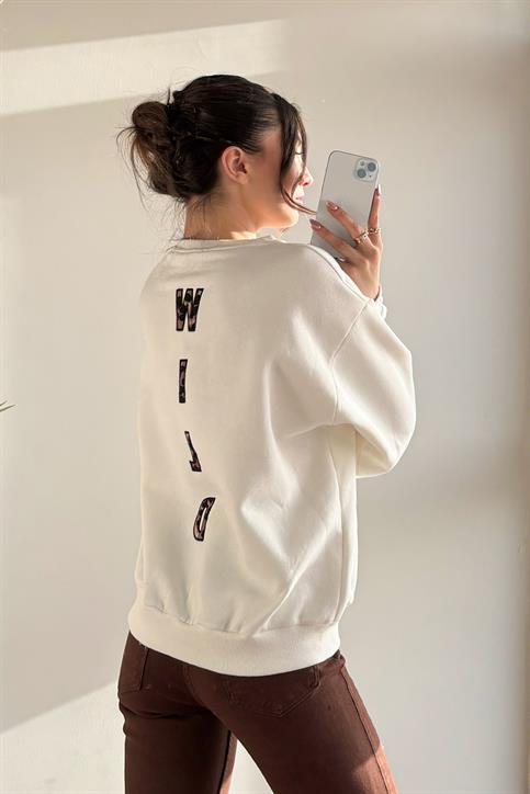 Beyaz Fermuarlı Leopar Nakışlı Şardonlu Sweatshirt