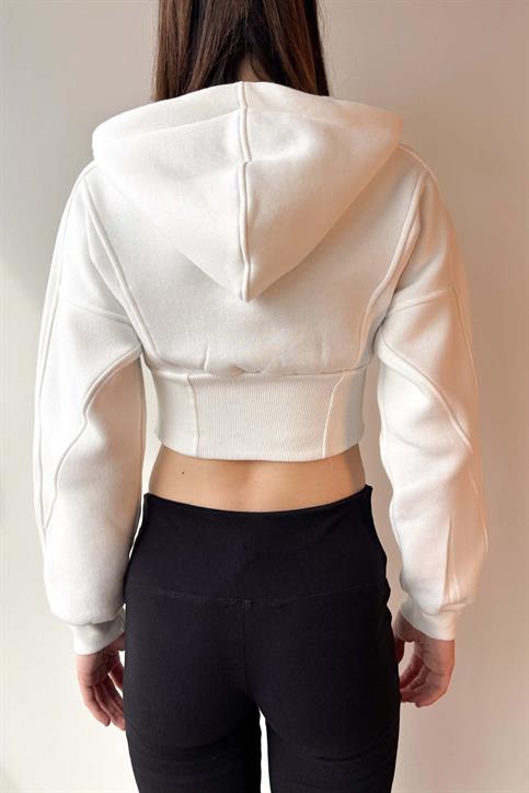 Beyaz Korse Görünümlü Fermuarlı Sweatshirt