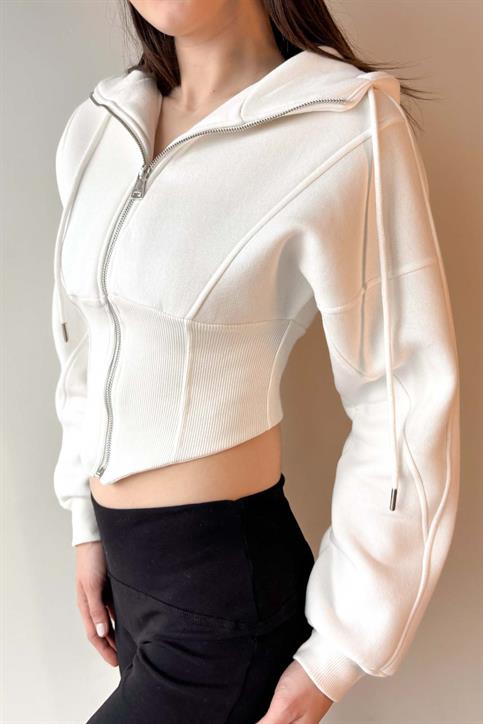Beyaz Korse Görünümlü Fermuarlı Sweatshirt