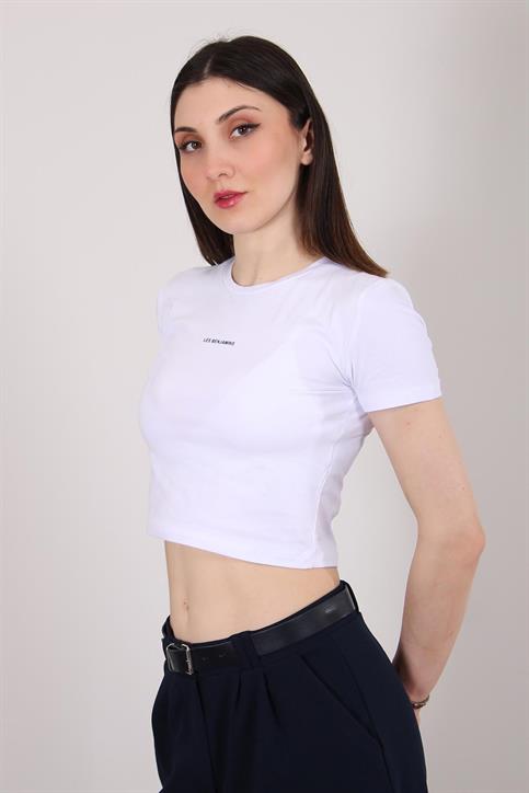 Beyaz Les BNJMS Baskılı Crop T Shirt