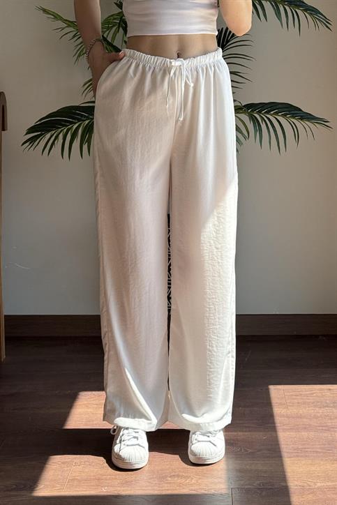 Beyaz Massi Beli İpli Tencel Pantolon