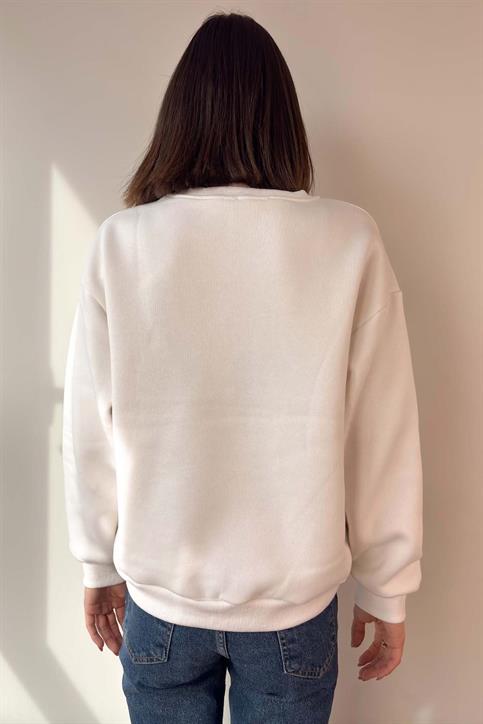 Beyaz Monaco Nakışlı Oversize Sweatshirt