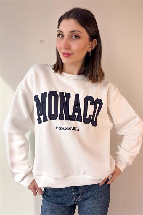 Beyaz Monaco Nakışlı Oversize Sweatshirt