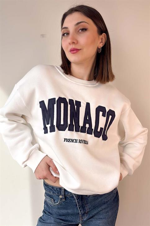 Beyaz Monaco Nakışlı Oversize Sweatshirt