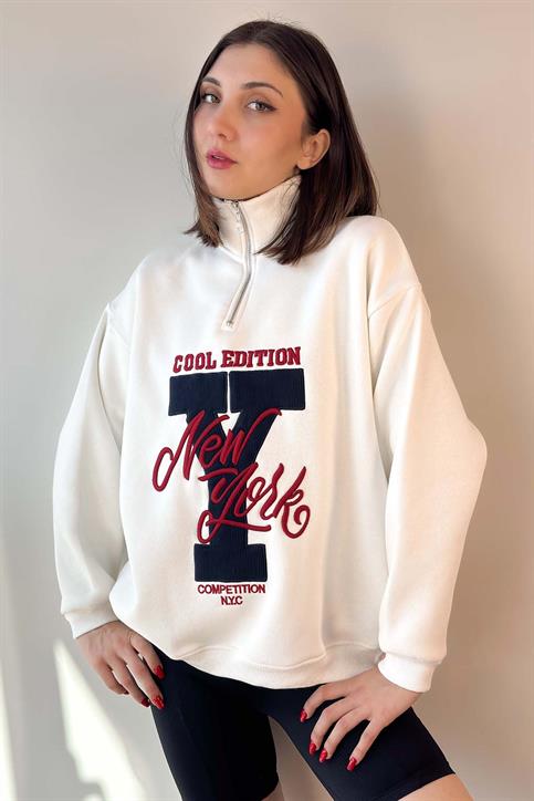 Beyaz New York Nakışlı Fermuarlı Sweatshirt