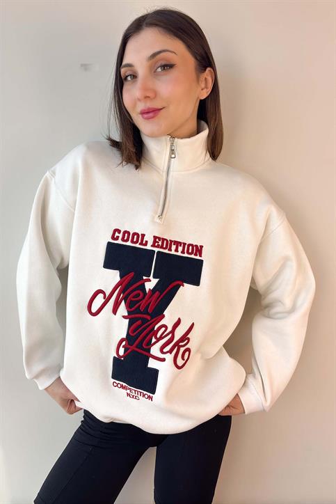 Beyaz New York Nakışlı Fermuarlı Sweatshirt