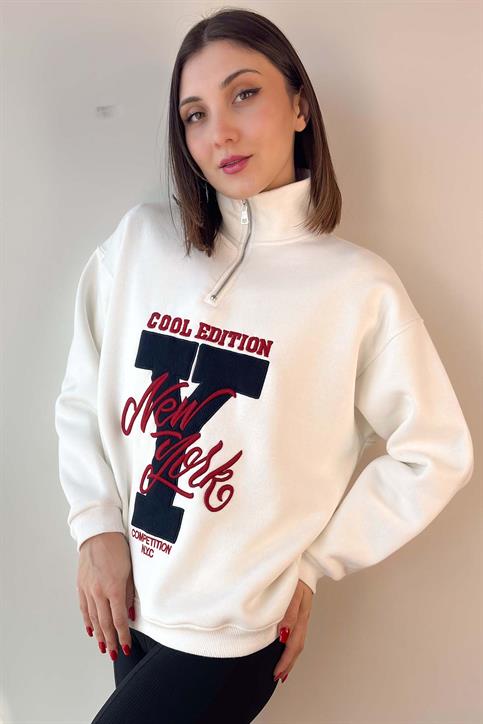 Beyaz New York Nakışlı Fermuarlı Sweatshirt