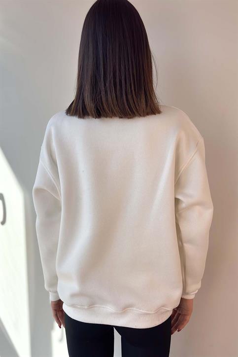 Beyaz New York Nakışlı Fermuarlı Sweatshirt