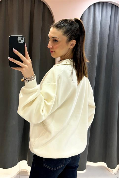 Beyaz NYC Nakışlı Yarı Fermuarlı Sweatshirt