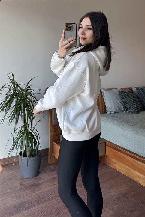 Beyaz Oversize Kapüşonlu Fermuarlı Hoodie
