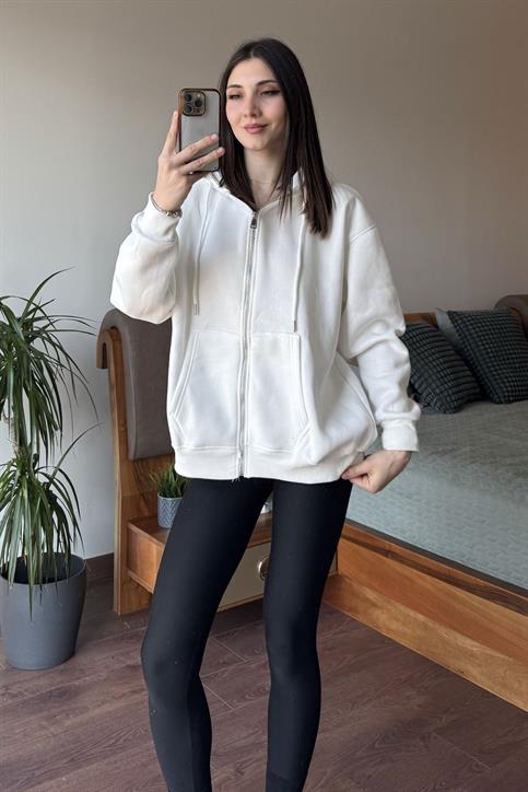 Beyaz Oversize Kapüşonlu Fermuarlı Hoodie