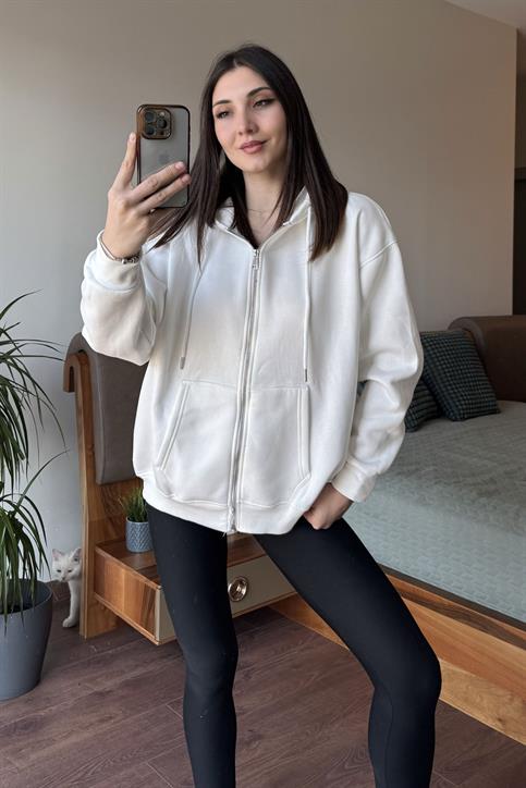 Beyaz Oversize Kapüşonlu Fermuarlı Hoodie