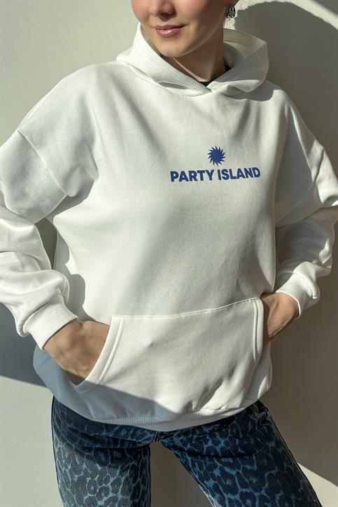 Beyaz Party Island Baskılı Sweatshirt