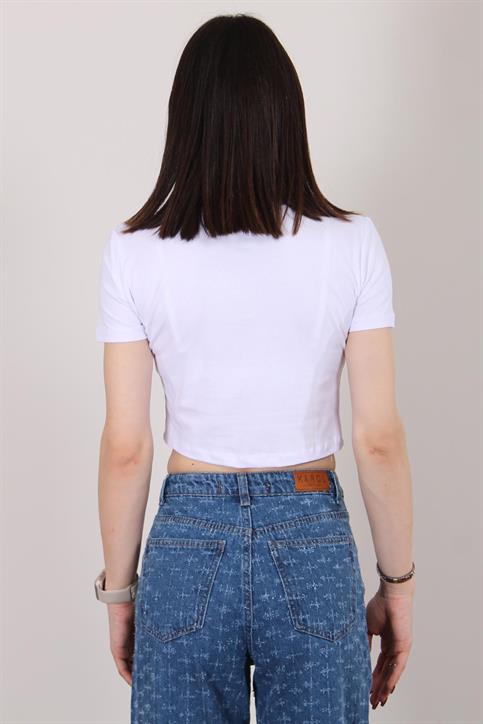 Beyaz Taş Kalp İşlemeli Crop T Shirt