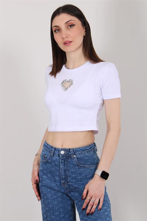 Beyaz Taş Kalp İşlemeli Crop T Shirt