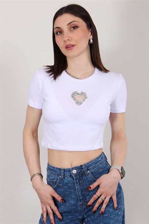 Beyaz Taş Kalp İşlemeli Crop T Shirt