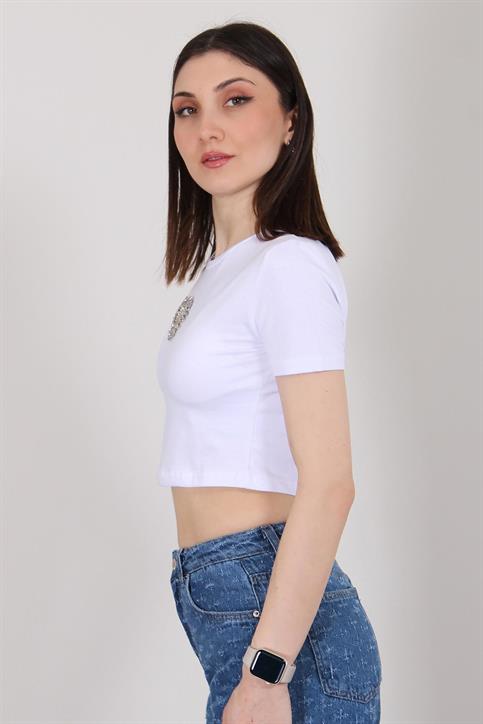 Beyaz Taş Kalp İşlemeli Crop T Shirt