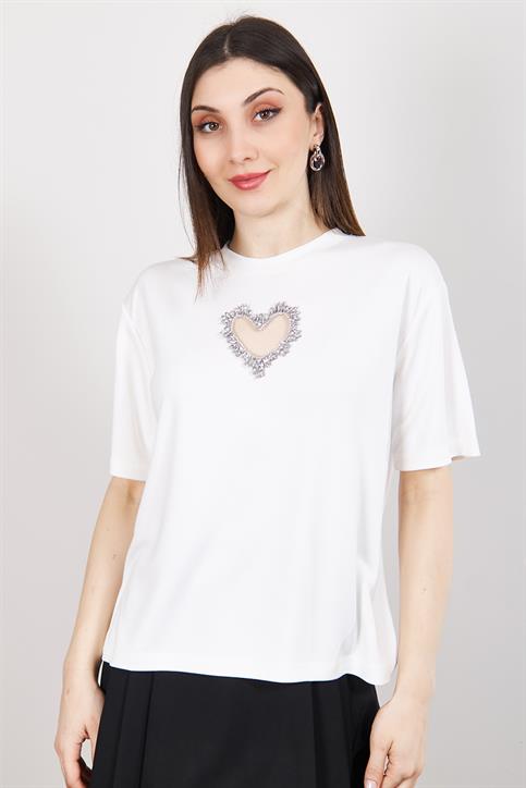 Beyaz Taş Kalp İşlemeli Modal Karışımlı T Shirt