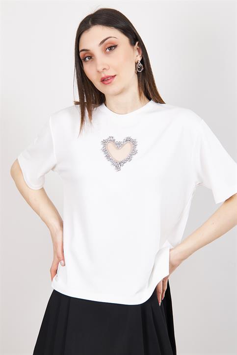 Beyaz Taş Kalp İşlemeli Modal Karışımlı T Shirt