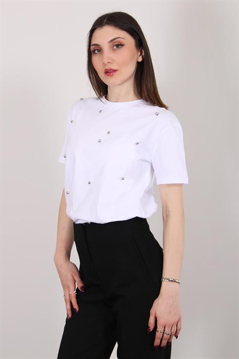 Beyaz Taşlı T Shirt