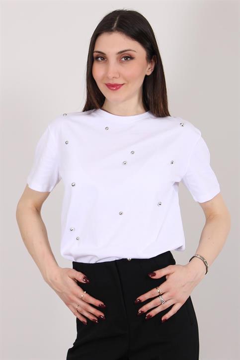Beyaz Taşlı T Shirt