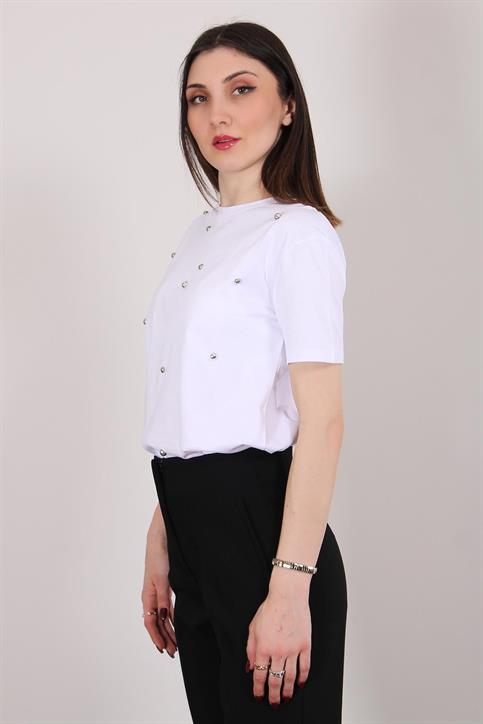Beyaz Taşlı T Shirt