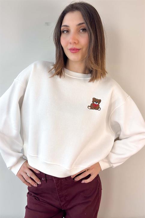 Beyaz Teddy Nakışlı Crop Sweatshirt