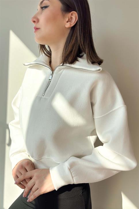 Beyaz Yaka Detaylı Crop Sweatshirt