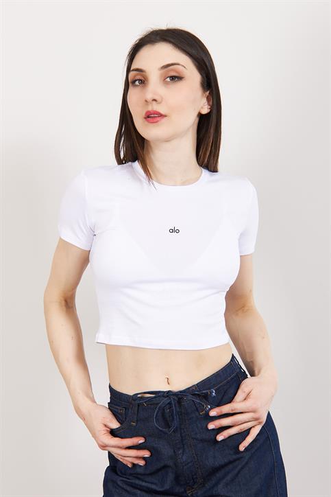 Beyaz Yazı Detaylı Crop T Shirt