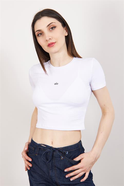 Beyaz Yazı Detaylı Crop T Shirt